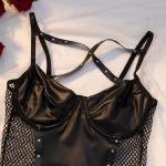 Femgrace Nighty Beautiful Bridal Made Popular New Lace Mesh Halter V-neck Black Leather Wear Hollow Teddy Suit