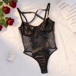 Femgrace Nighty Beautiful Bridal Made Popular New Lace Mesh Halter V-neck Black Leather Wear Hollow Teddy Suit