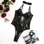 Femgrace Nighty Beautiful Bridal Made Popular New Lace Mesh Halter V-neck Black Leather Wear Hollow Teddy Suit