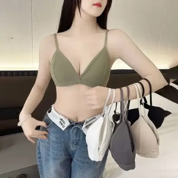 Women's Backless Front Button Bra - Wireless French Triangle Cup, Spaghetti Straps, Soft Dale Cotton, Sexy Small Chest and Beautiful Back