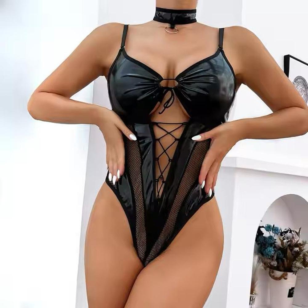 Femgrace Nighty Beautiful Bridal Made Popular New Lace Mesh Halter V-neck Black Leather Wear Hollow Teddy Suit